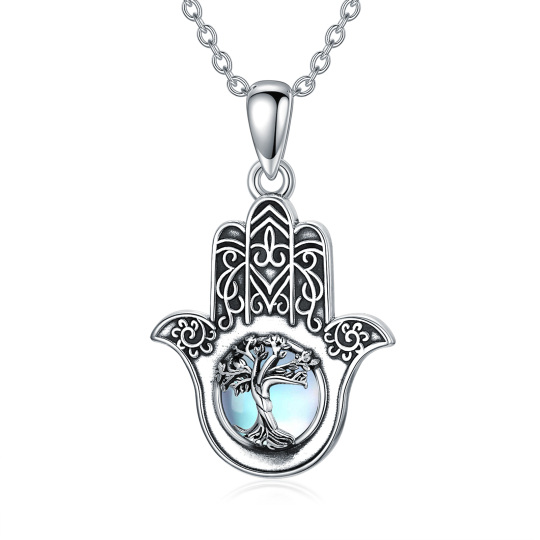 Plata de ley redonda Moonstone Árbol de la Vida y Hamsa Mano Colgante Collar