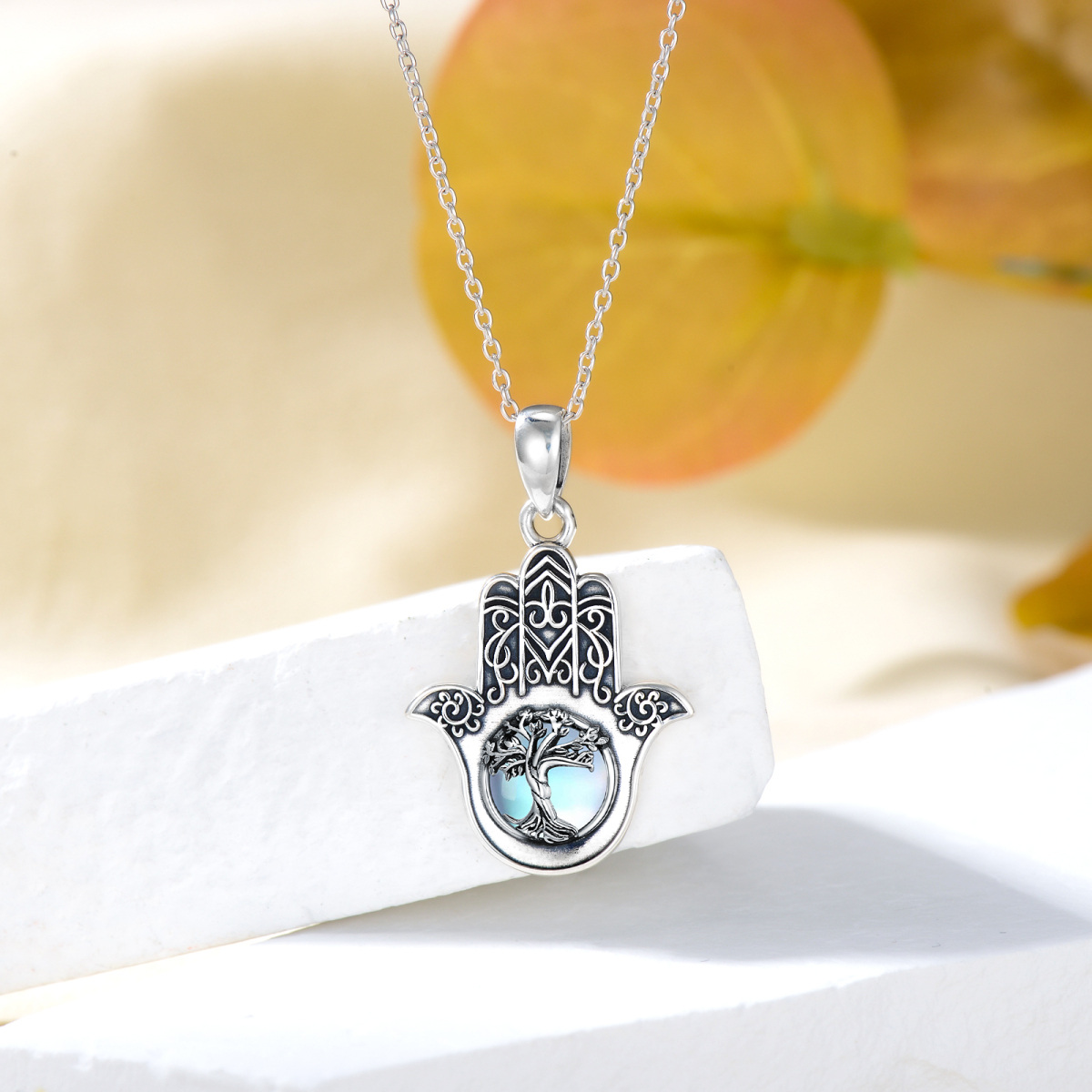 Plata de ley redonda Moonstone Árbol de la Vida y Hamsa Mano Colgante Collar-4