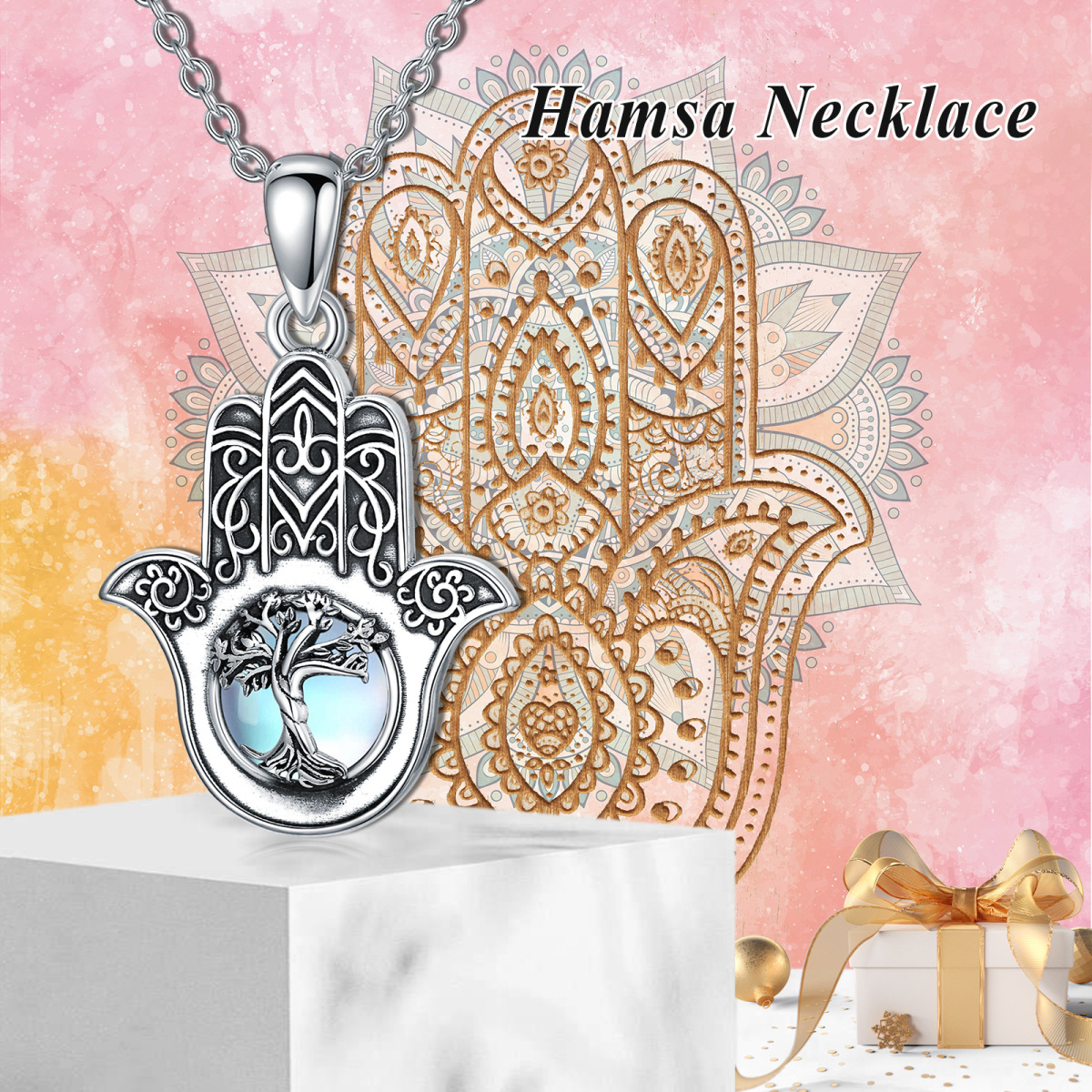 Plata de ley redonda Moonstone Árbol de la Vida y Hamsa Mano Colgante Collar-5