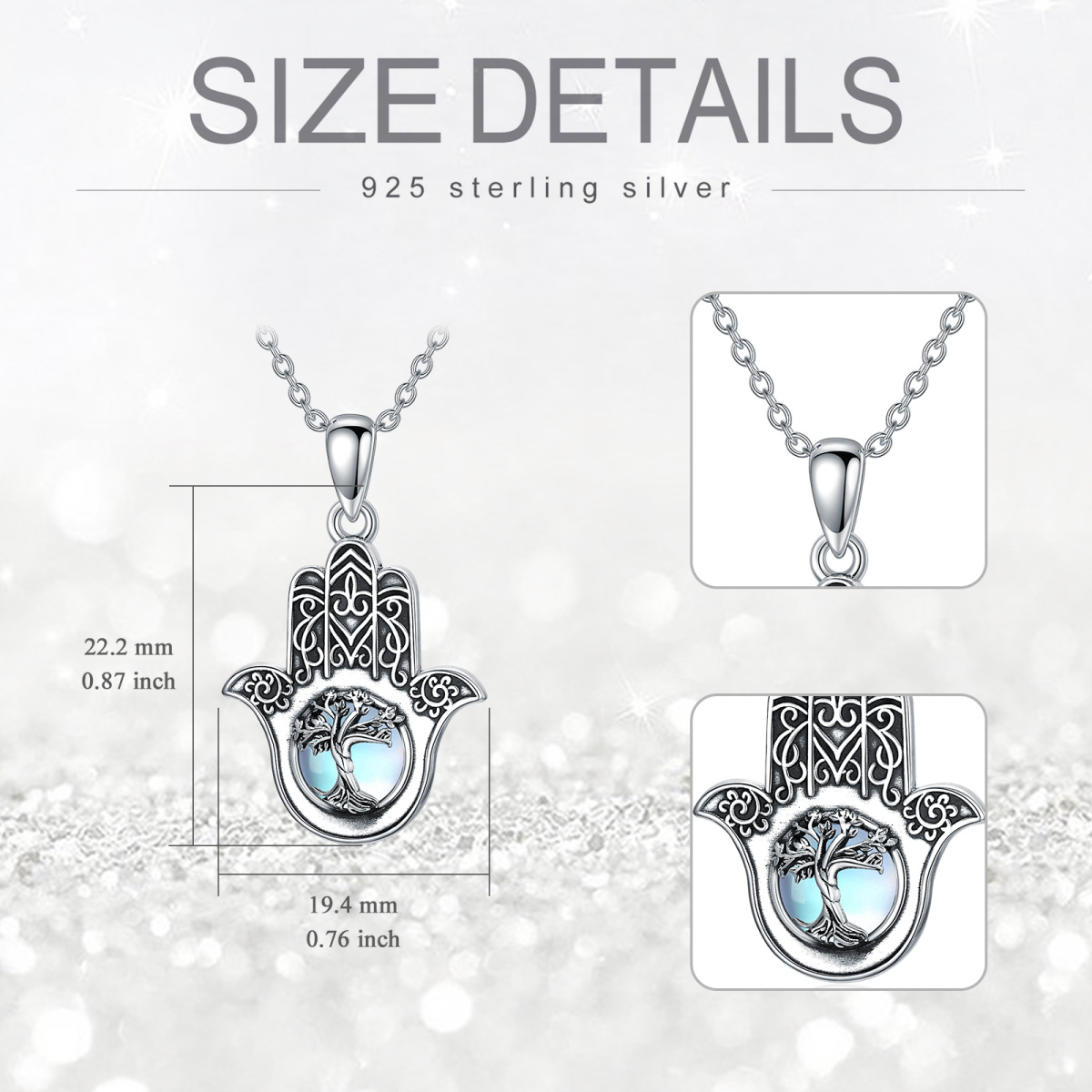 Sterling Silber Runde Mondstein Baum des Lebens & Hamsa Hand Anhänger Halskette-6