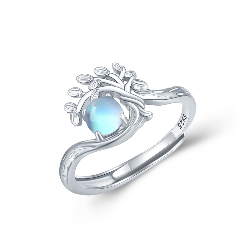 Sterling Silver Round Moonstone Tree Of Life Open Ring-8