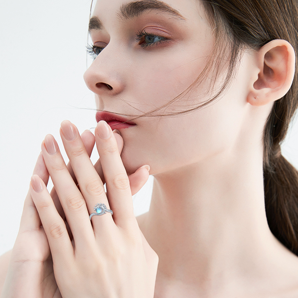 Bague ouverte en argent sterling avec pierre de lune ronde et arbre de vie-2