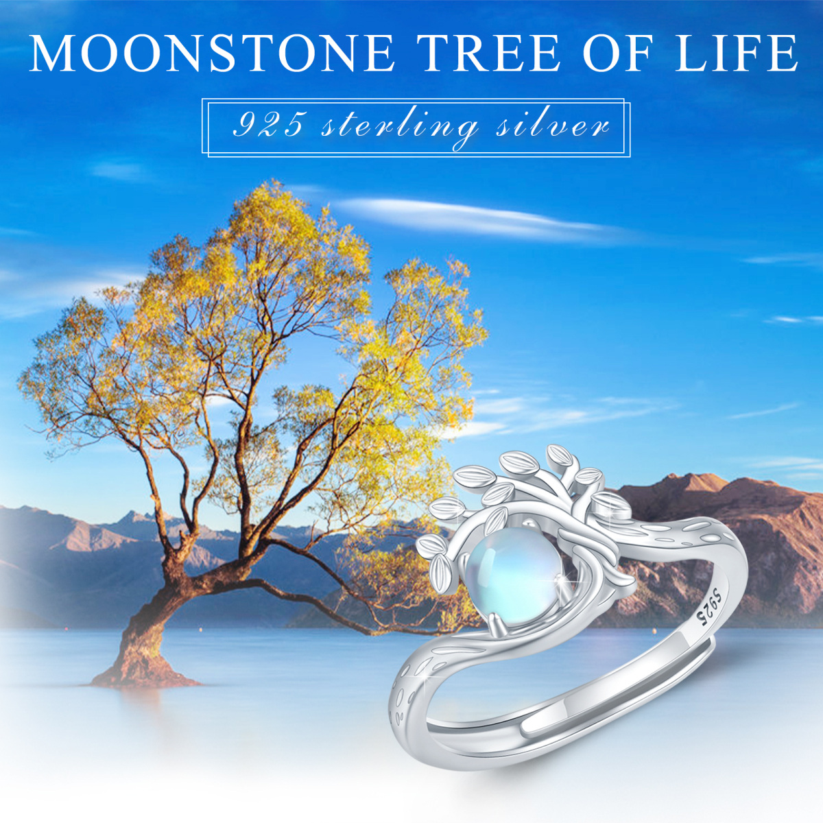 Sterling Silber Runde Mondstein Baum des Lebens offener Ring-5