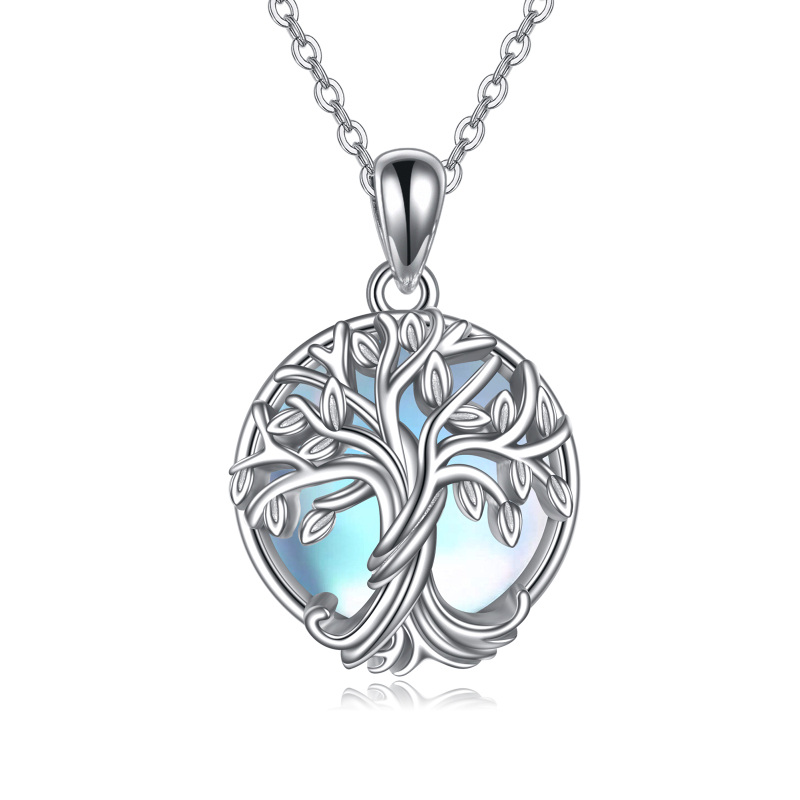 Sterling Silver Round Moonstone Tree Of Life Pendant Necklace-8