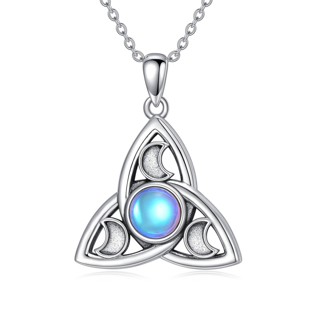 Sterling Silver Round Moonstone Triforce Celtic Knot & Moon Pendant Necklace-1
