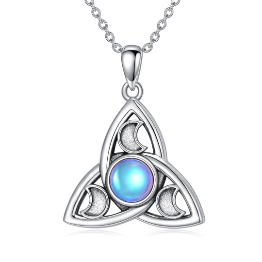 Colar com pingente de prata esterlina com pedra da lua redonda Triforce Celtic Knot & Moon