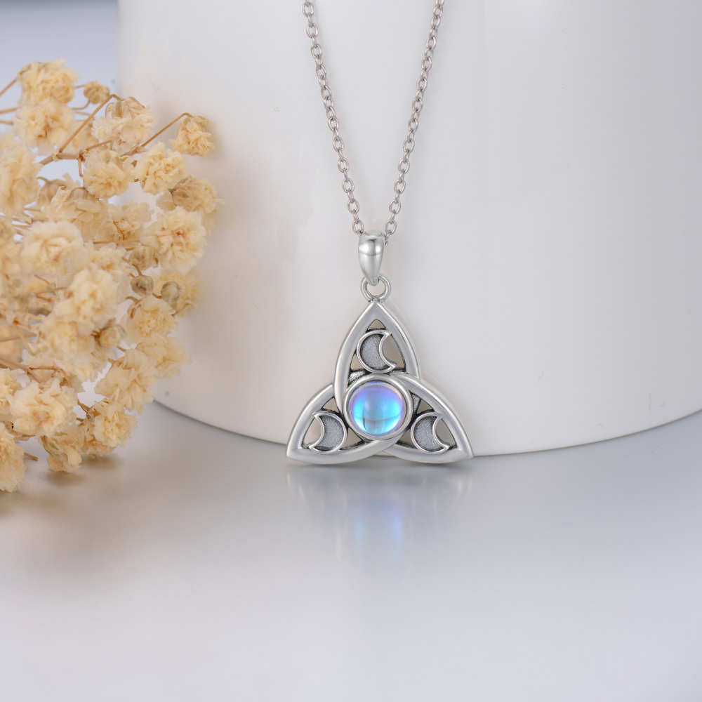 Sterling Silver Round Moonstone Triforce Celtic Knot & Moon Pendant Necklace-3