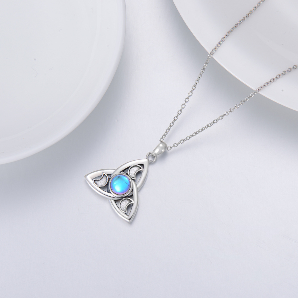 Sterling Silver Round Moonstone Triforce Celtic Knot & Moon Pendant Necklace-4