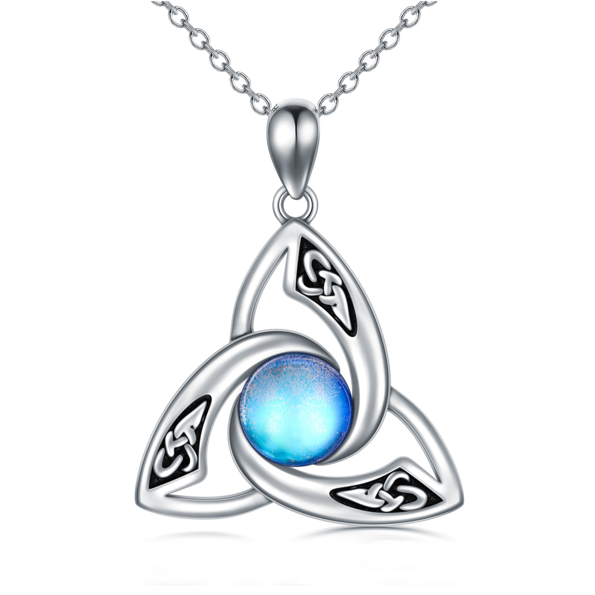 Collar con colgante de luna con nudo celta de triquetra de piedra lunar redonda de plata de ley-1