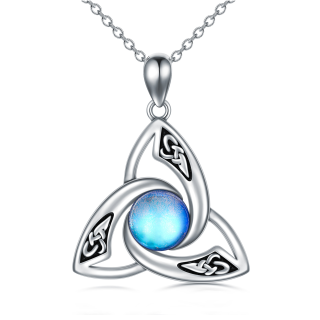 Sterling Silver Round Moonstone Triquetra Celtic Knot & Moon Pendant Necklace-27