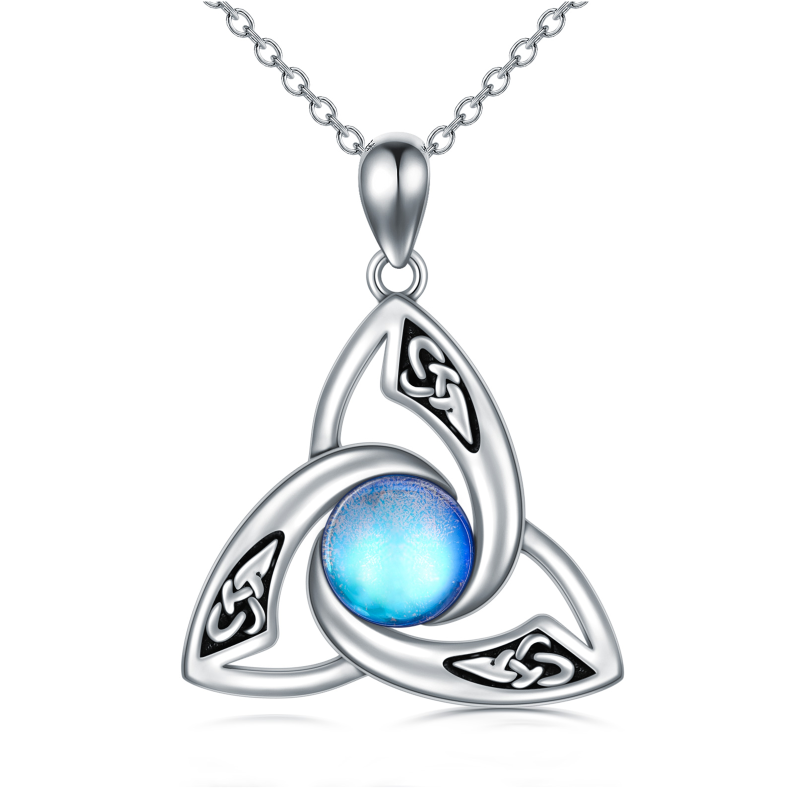 Sterling Silver Round Moonstone Triquetra Celtic Knot & Moon Pendant Necklace-20