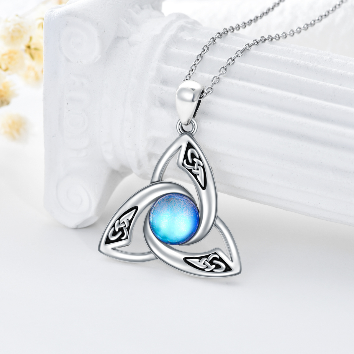 Sterling Silver Round Moonstone Triquetra Celtic Knot & Moon Pendant Necklace-3