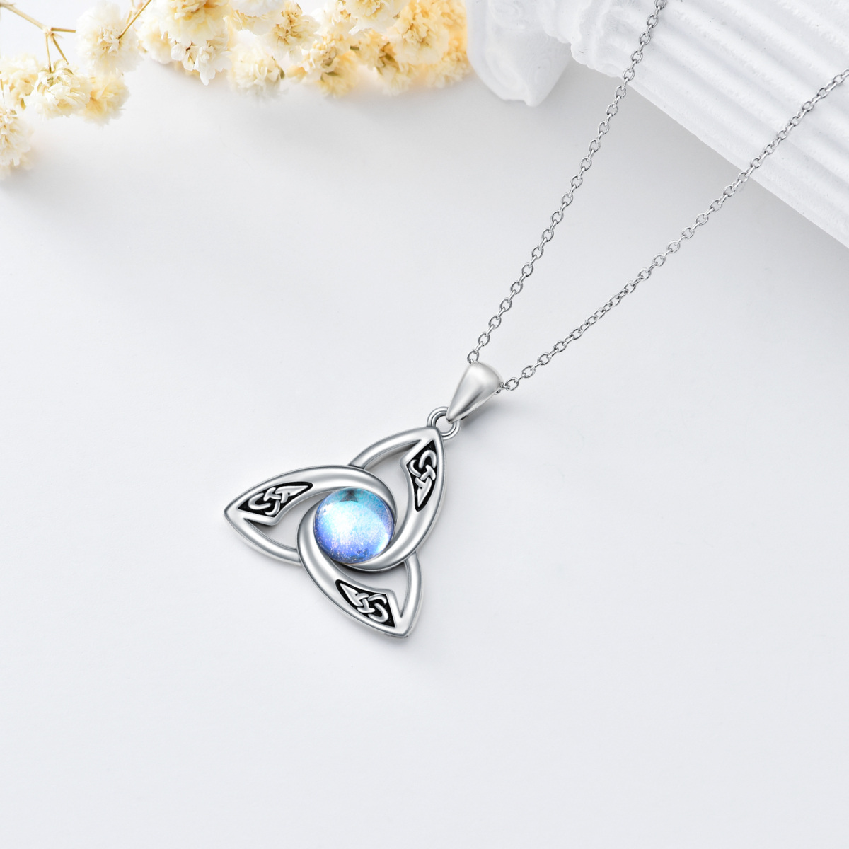 Sterling Silver Round Moonstone Triquetra Celtic Knot & Moon Pendant Necklace-4