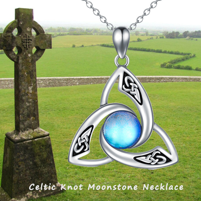 Sterling Silver Round Moonstone Triquetra Celtic Knot & Moon Pendant Necklace-5