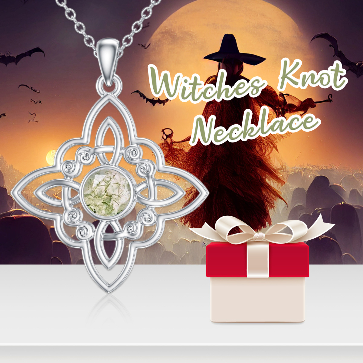 Collier pendentif rond en argent sterling avec pendentif nœud celtique en agate mousse-3