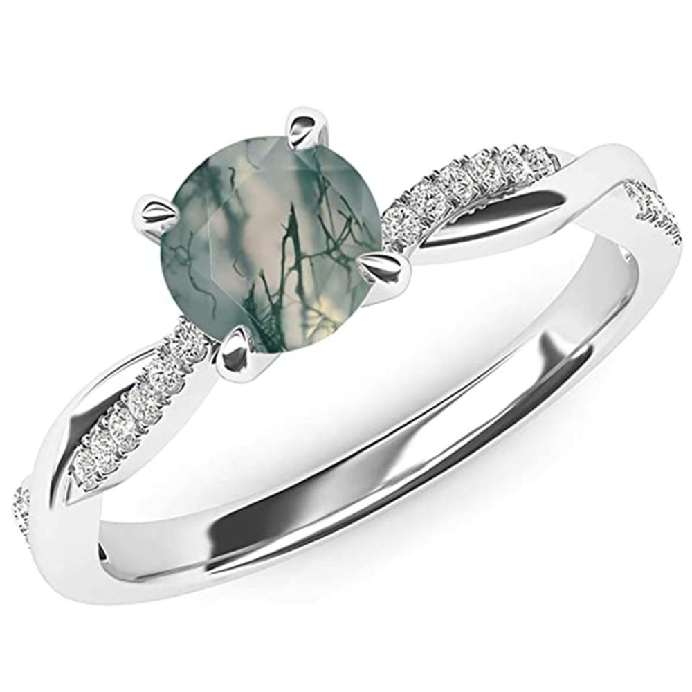 Anel de noivado de prata esterlina Criss Cross Solitaire com corte redondo de ágata musgo-1