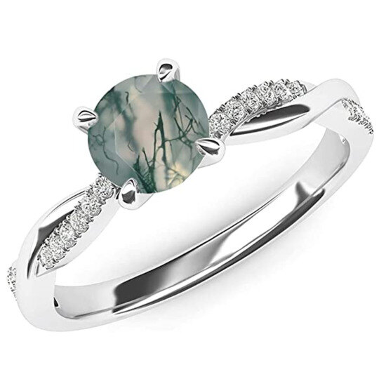 Sterling Silver Criss Cross Solitaire Setting Round Cut Moss Agate Engagement Ring