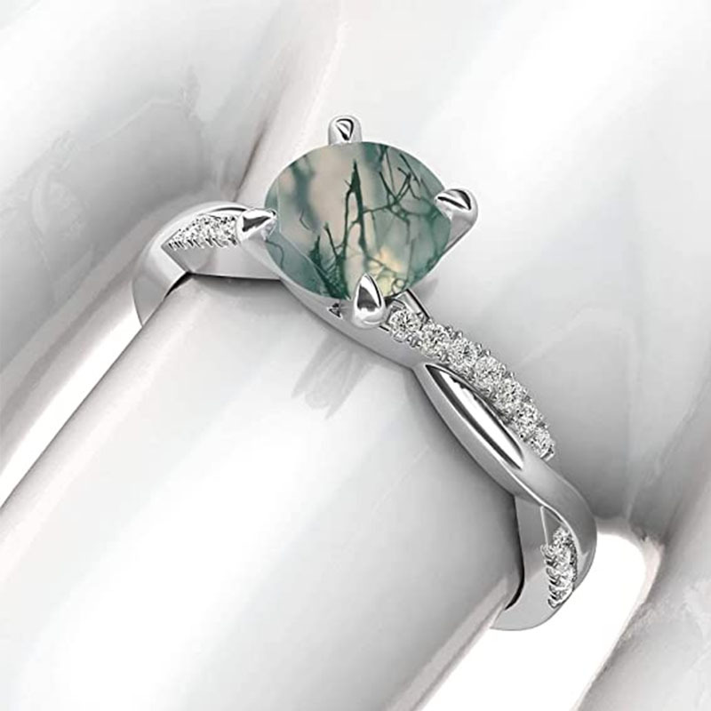 Anel de noivado de prata esterlina Criss Cross Solitaire com corte redondo de ágata musgo-2