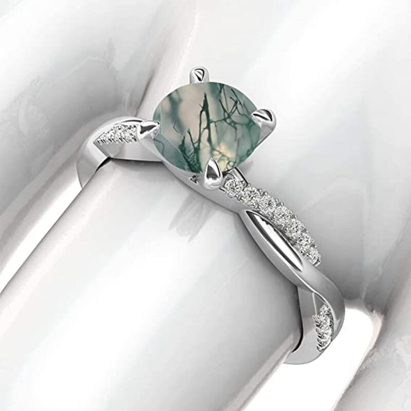 Sterling Silver Criss Cross Solitaire Setting Round Cut Moss Agate Engagement Ring-2