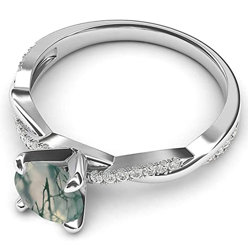 Anel de noivado de prata esterlina Criss Cross Solitaire com corte redondo de ágata musgo-3