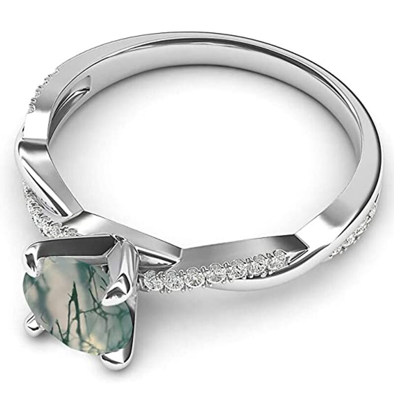 Sterling Silver Criss Cross Solitaire Setting Round Cut Moss Agate Engagement Ring-3