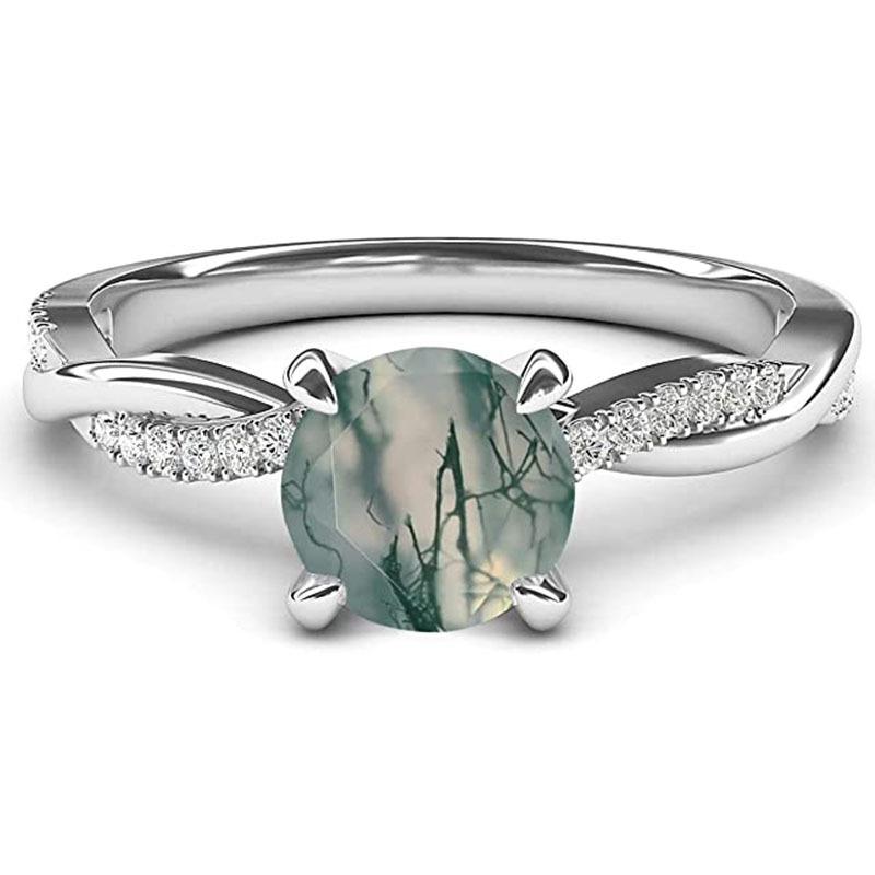 Anel de noivado de prata esterlina Criss Cross Solitaire com corte redondo de ágata musgo-4