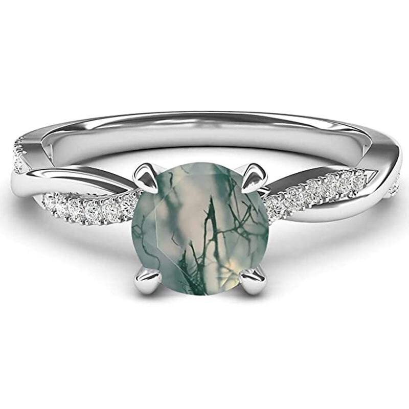 Sterling Silver Criss Cross Solitaire Setting Round Cut Moss Agate Engagement Ring-4