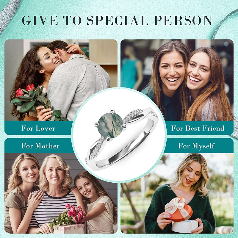Anel de noivado de prata esterlina Criss Cross Solitaire com corte redondo de ágata musgo-5