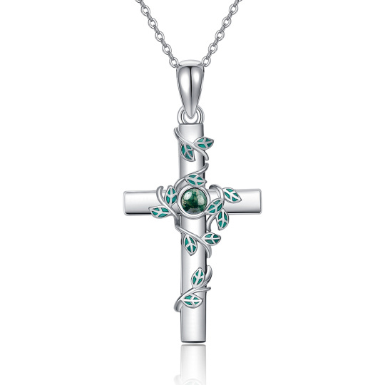 Collier pendentif croix en argent sterling avec feuilles d'agate mousse ronde-1