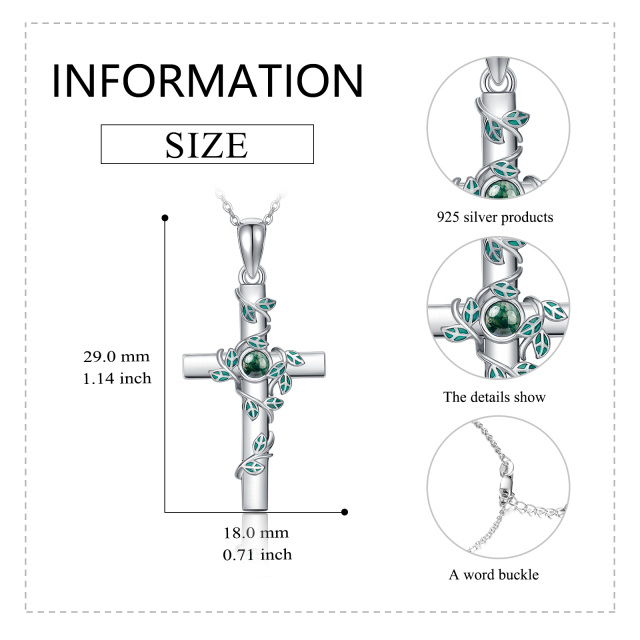 Sterling Silver Round Moss Agate Leaves & Cross Pendant Necklace-5