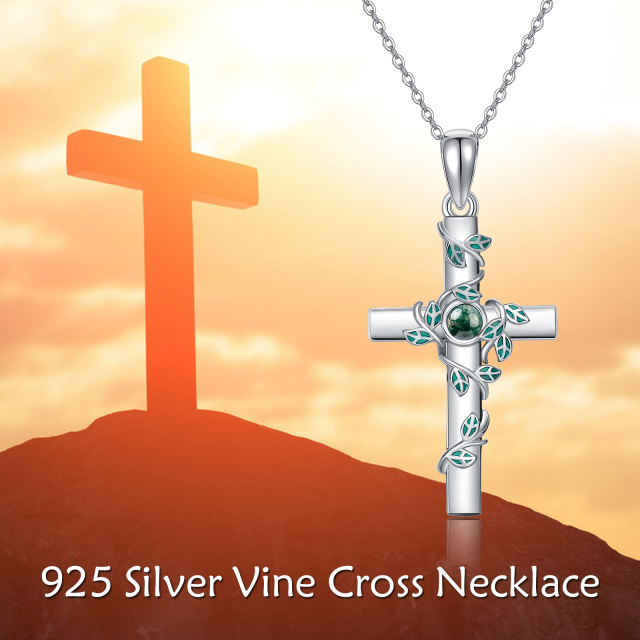 Sterling Silver Round Moss Agate Leaves & Cross Pendant Necklace-6