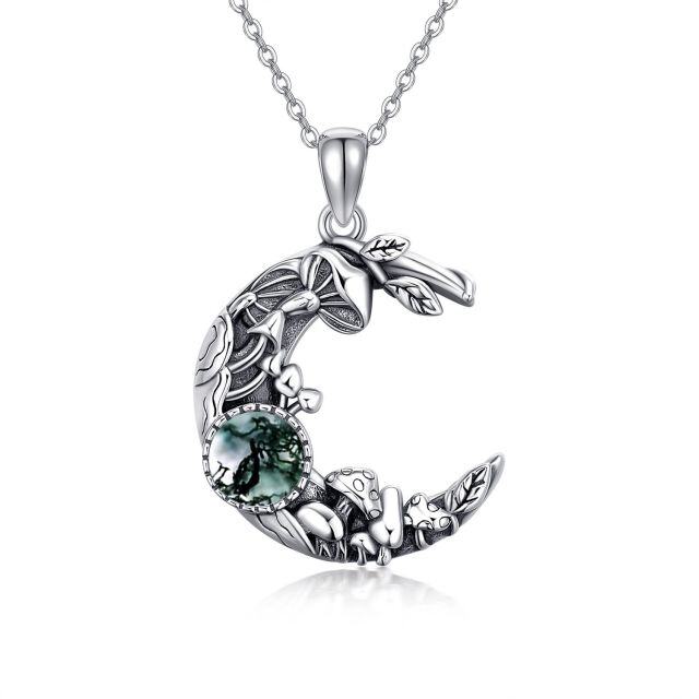 Sterling Silver Round Moss Agate Mushroom & Moon Pendant Necklace-1