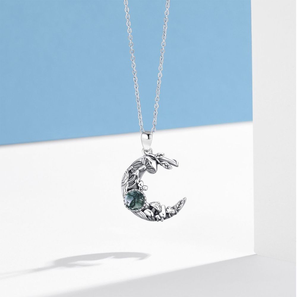Sterling Silber Rund Moos Achat Pilz & Mond Anhänger Halskette-4