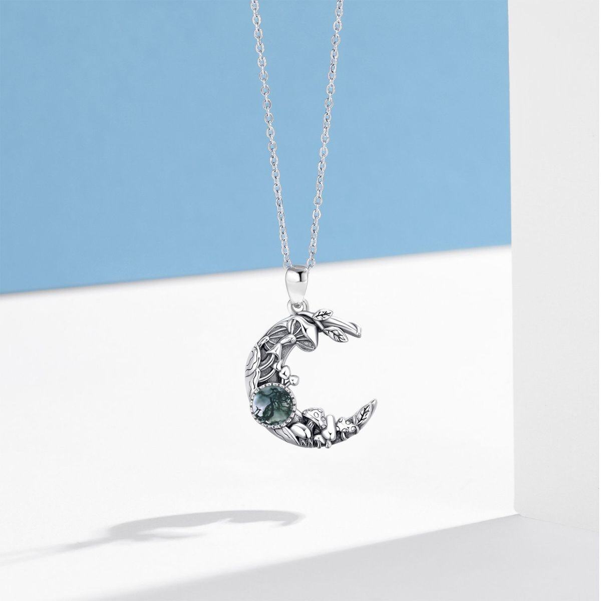 Sterling Silver Round Moss Agate Mushroom & Moon Pendant Necklace-4