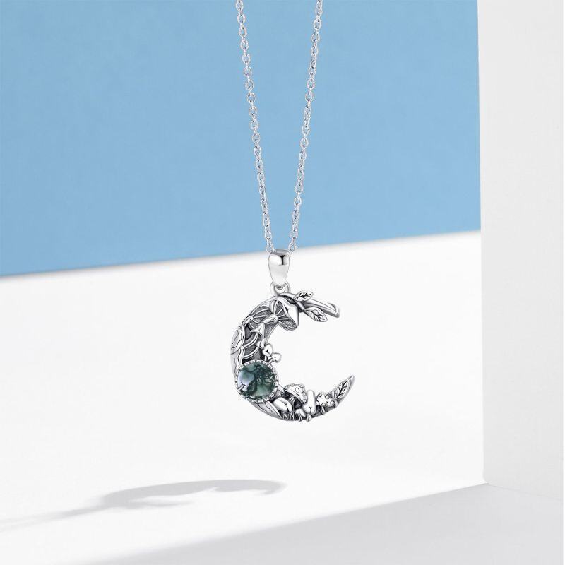 Sterling Silver Round Moss Agate Mushroom & Moon Pendant Necklace-4
