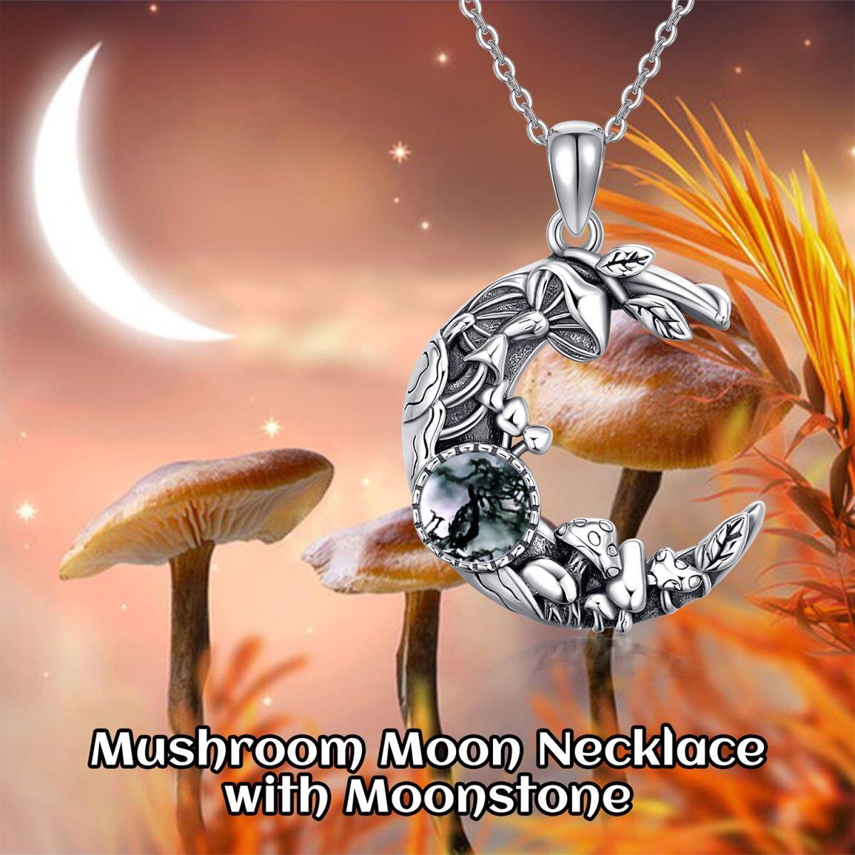 Sterling Silver Round Moss Agate Mushroom & Moon Pendant Necklace-5