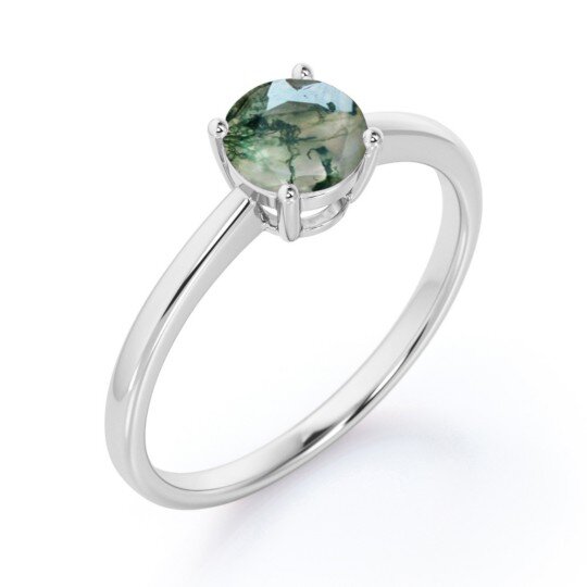 Sterling Silver Round Moss Agate Round Ring