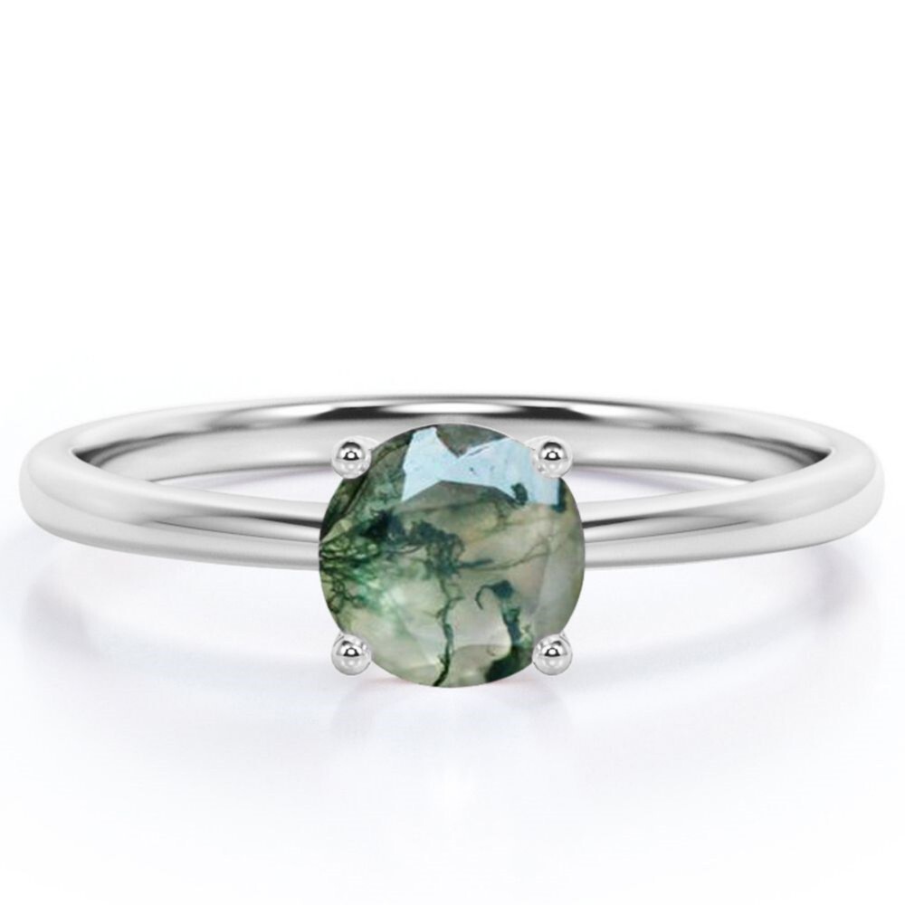 Bague gravée personnalisée en argent sterling avec agate mousse ronde pour femme-2
