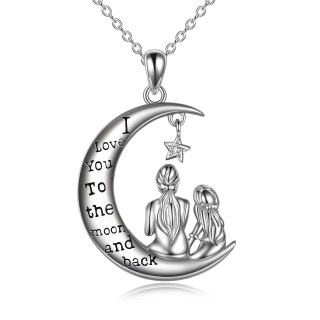 Sterling Silver Round Cubic Zirconia Mother & Daughter Moon Pendant Necklace with Engraved Word-4