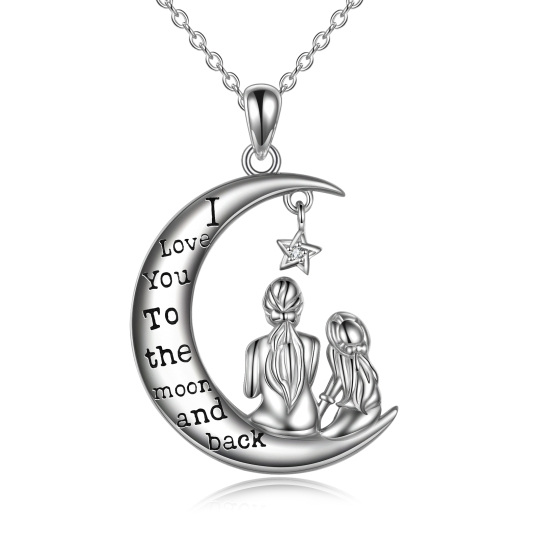 Sterling Silver Round Cubic Zirconia Mother & Daughter Moon Pendant Necklace with Engraved Word