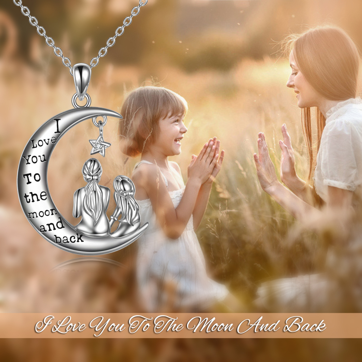 Sterling Silver Round Cubic Zirconia Mother & Daughter Moon Pendant Necklace with Engraved Word-3