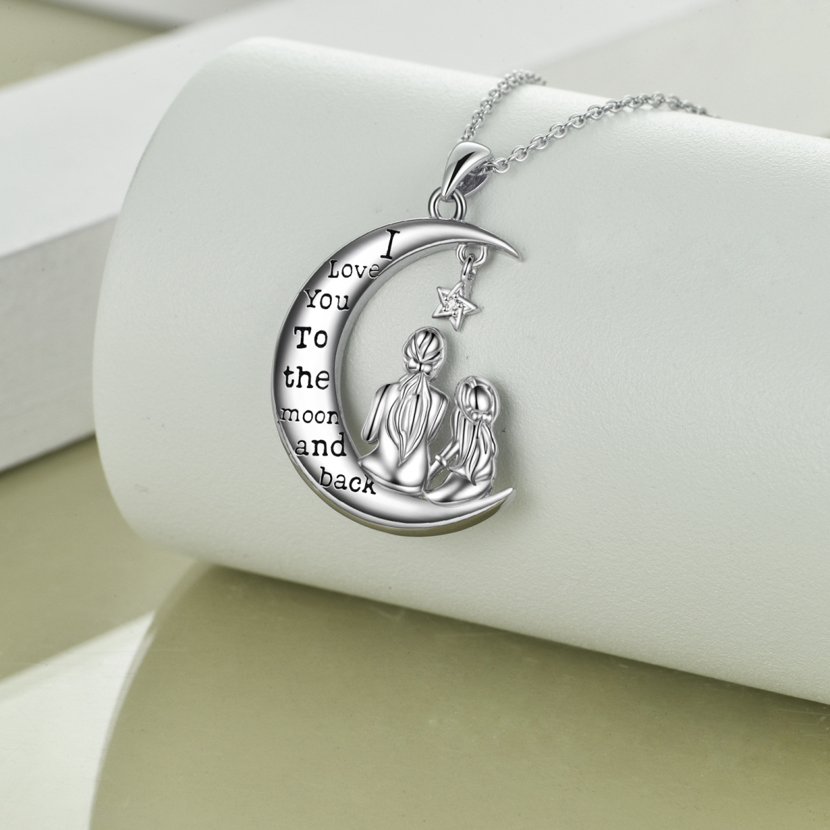 Sterling Silver Round Cubic Zirconia Mother & Daughter Moon Pendant Necklace with Engraved Word-4