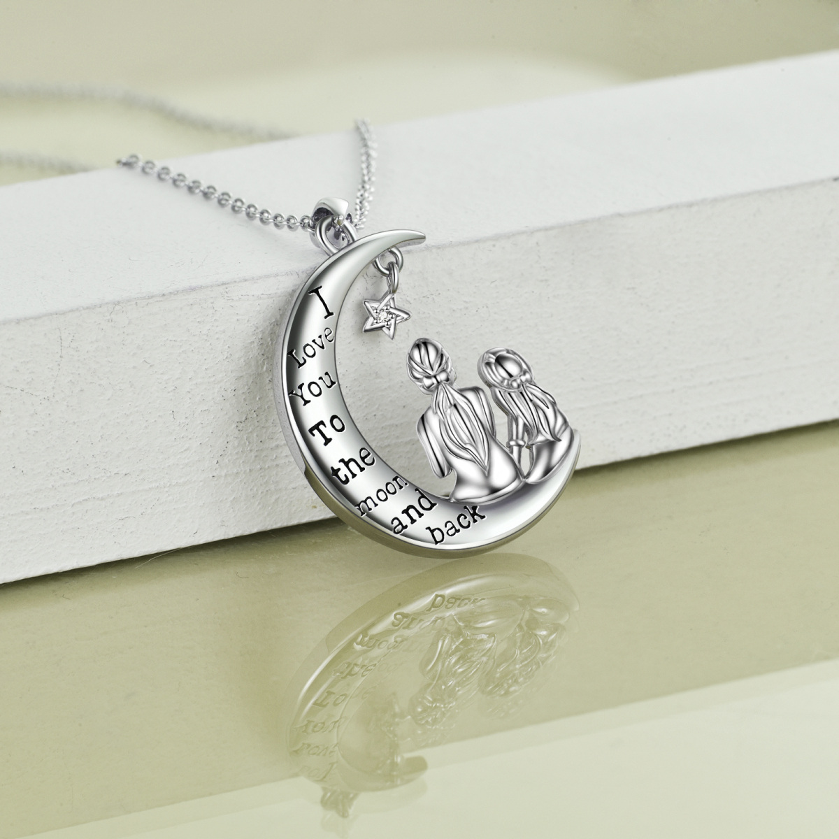 Sterling Silver Round Cubic Zirconia Mother & Daughter Moon Pendant Necklace with Engraved Word-5