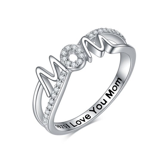 Sterling Zilveren Ronde Cubic Zirconia Moeder Ring met Gegraveerd Woord