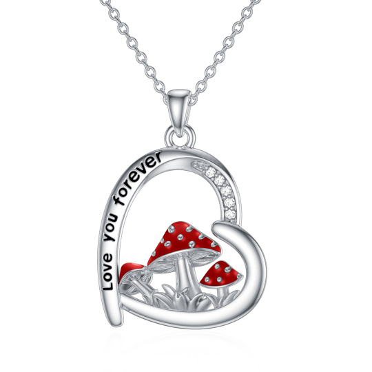 Sterling Silver Round Cubic Zirconia Mushroom & Heart Pendant Necklace with Engraved Word