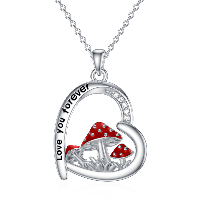Sterling Silver Round Cubic Zirconia Mushroom & Heart Pendant Necklace with Engraved Word-16