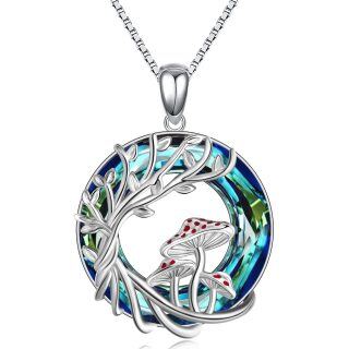 Sterling Silver Round Mushroom & Tree Of Life Crystal Pendant Necklace-27