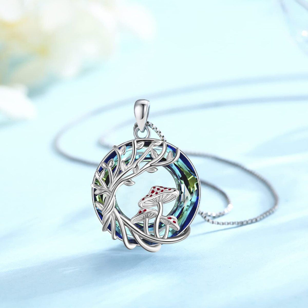 Sterling Silver Round Mushroom & Tree Of Life Crystal Pendant Necklace-3