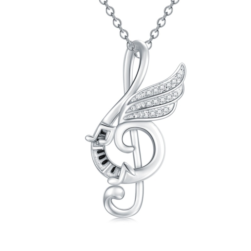 Sterling Silver Round Cubic Zirconia Music Symbol Pendant Necklace-18