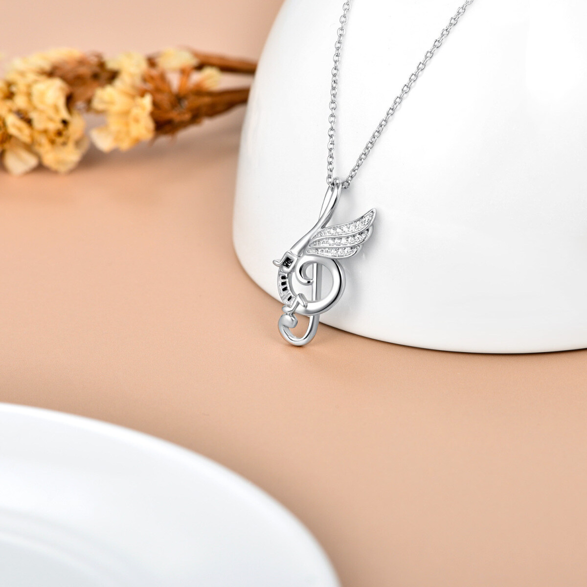 Sterling Silber Runde Cubic Zirkonia Musik Symbol Anhänger Halskette-4